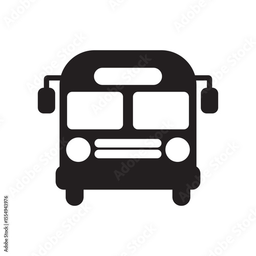  bus front view icon with windows, mirrors, and headlights, black vector silhouette isolated on white background.