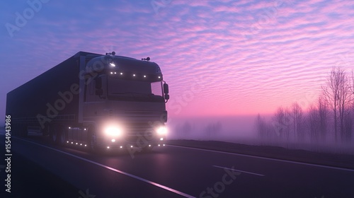 Truck driving on the highway at sunrise with scenic sky. Pink and violet long distance transportation scene in the morning