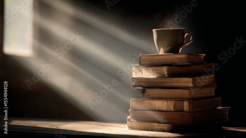 Cozy atmosphere: steaming coffee cup on stack of vintage books with sunlit dust particles