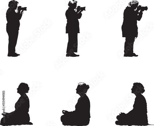 Collection of Senior Woman with a Camera and medictation Full-Length Photography Silhouette Vector