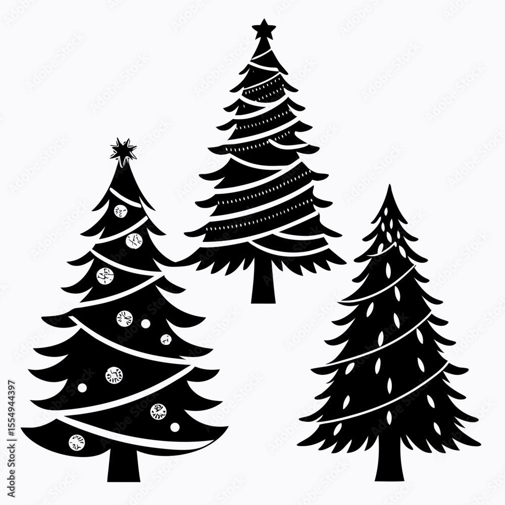 Obraz premium Collection of black christmas trees silhouettes with various decorations and styles on white background