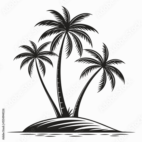 Silhouette of tropical island with palm trees and black and white