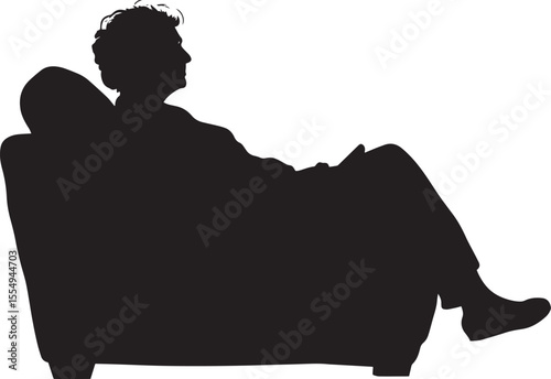 A senior woman sitting on a couch, eyes fixed on the TV, shown in a full-length black silhouette.