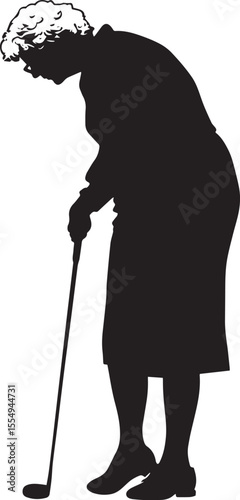 Playing Golf Silhouette A senior woman with a golf club raised, mid-swing. full length silhouette black vector illustration