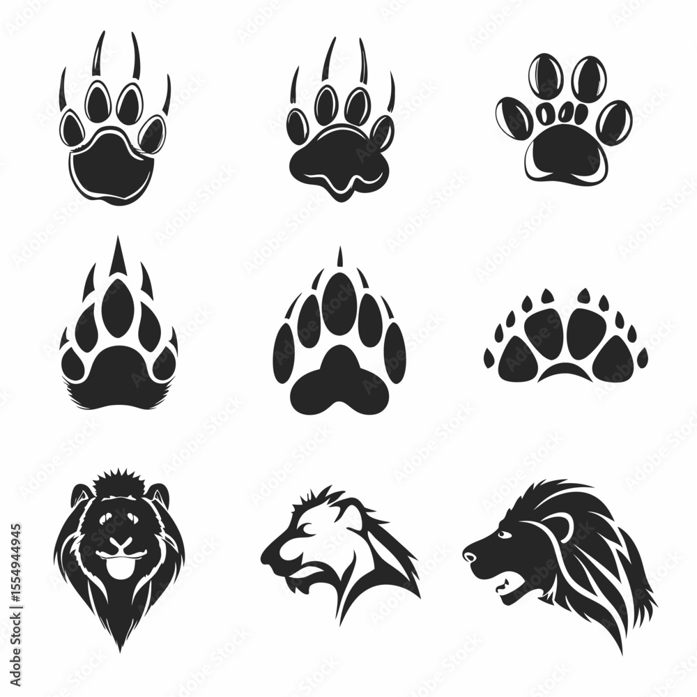 Fototapeta premium Black silhouette animal icon set with nature inspired decorative elements