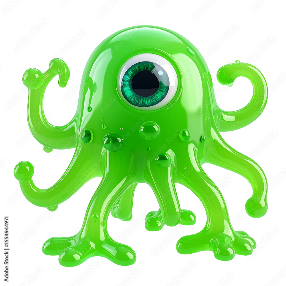 Naklejka premium One-Eyed Green Slime Monster with Glossy Skin and Tentacle Arms, isolated on a transparent background
