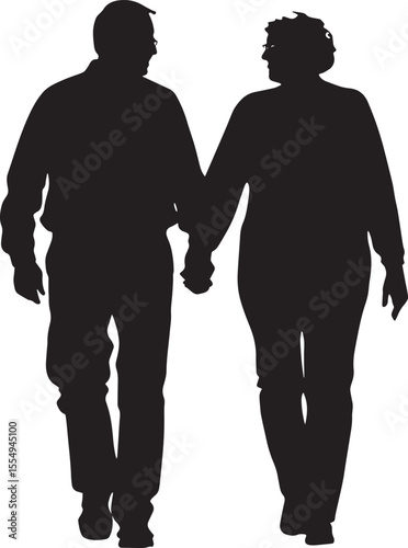 : Elderly man walking hand-in-hand with his partner, shown in a full-length silhouette.