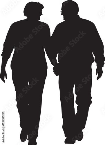 A senior man walking hand-in-hand with a partner or spouse, depicted in a full-length black silhouette.