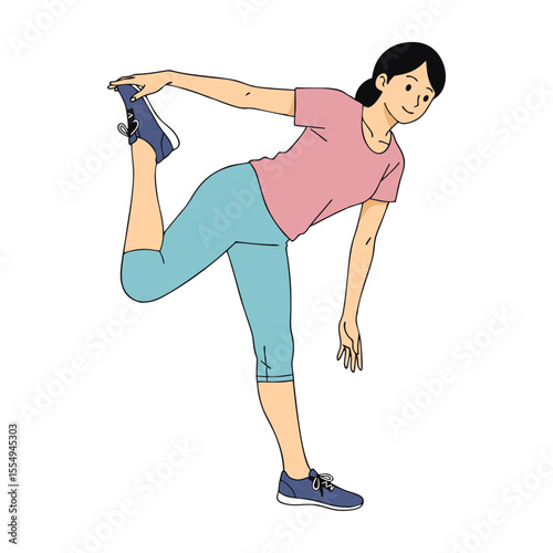 Woman Stretching Leg Exercise Vector Illustration.