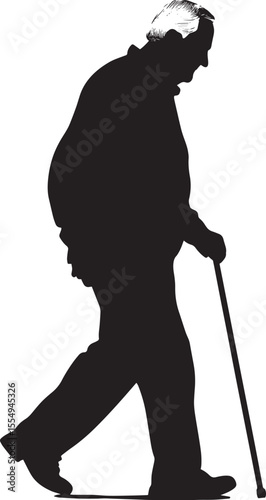 Elderly man using a cane to walk, head slightly inclined forward, portrayed in a full-length black silhouette.