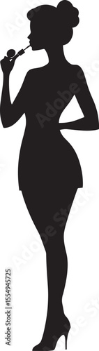 Applying Makeup Silhouette A woman holding a lipstick or compact mirror. full length silhouette black vector illustration