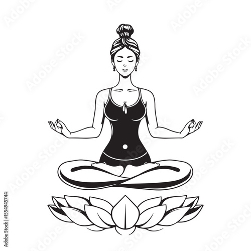 Meditating woman in lotus pose line art vector design concept black and white illustration.