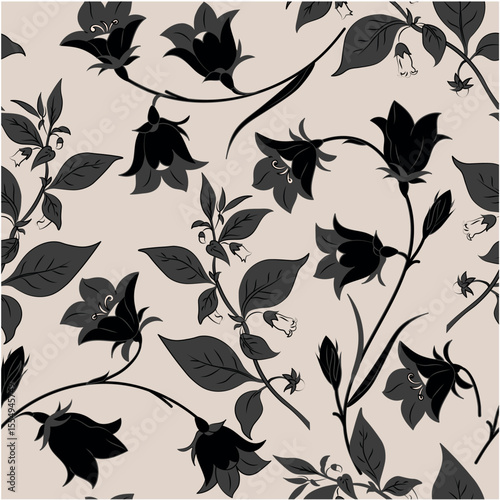 Stylish black floral pattern of bell flowers on white background, perfect for modern decor and art projects. Ideal for designers.