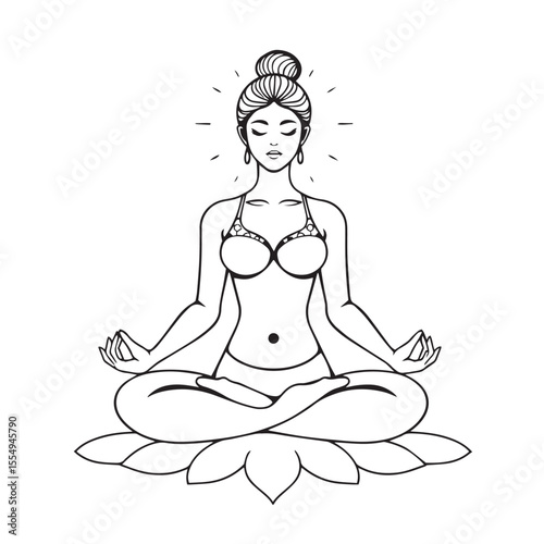 Meditating woman in lotus pose line art vector design concept black and white illustration.