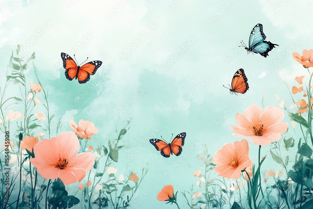 Serene watercolor painting of butterflies fluttering amidst delicate peach blossoms and a tranquil teal sky evoking Serene watercolor painting of butterflies fluttering amidst delicate peach blossoms and a tranquil teal sky evoking