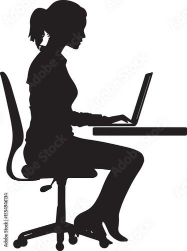 A woman seated at a desk, typing on her laptop, captured in a full-length silhouette.
