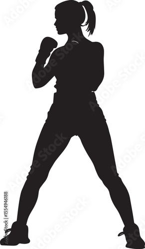A woman with her fists raised, prepared for a fight, portrayed in a full-length black silhouette.
