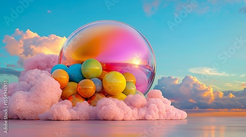 Surreal Sunset Scene with Iridescent and Multicolored Spheres on Pink Clouds