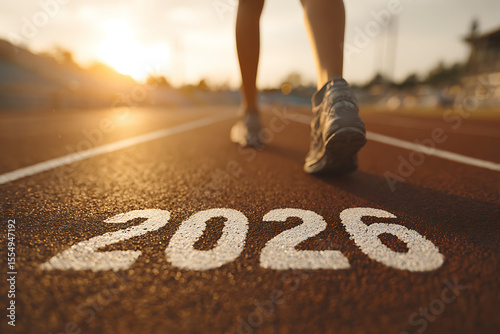 Motivated Woman Runner Preparing for 2026 Challenge on Athletic Track at Dawn for Personal Success photo