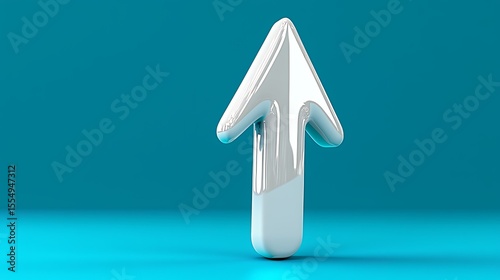 Three Dimensional Shiny Silver Arrow Pointing Upwards Against Solid Teal Background