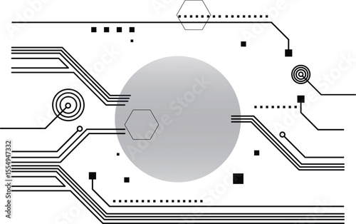 Tech Circuits Abstraction: A cutting-edge design of interconnected lines, geometric shapes, and a central node. It evokes the intricacy of circuits and the dynamism of technological advancements.