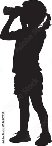 Black vector illustration of a kid holding binoculars to their eyes.