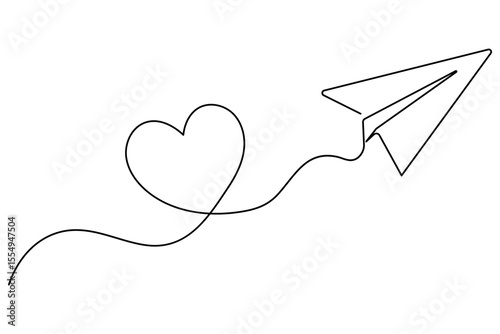 Love themed paper plane with hearts continuous line art minimalist romantic card vector illustration

