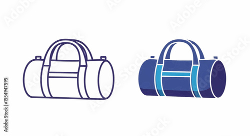 This high-quality vector graphic features two vibrant, playful, 3D duffel bag icons (outline and solid) with rounded ends, handles, and a central strap, emphasizing travel and colorful design.