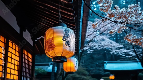 Traditional Japanese Lanterns Hanging in a Serene Cherry Blossom Garden at Dusk