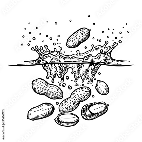 Peanuts Falling into Water with a Big Splash Black and White Outline Line Art Drawing Food
