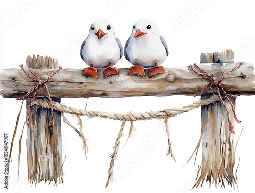 Two Cute Birds Sitting on a Wooden Plank with Natural Twine and Rustic Elements