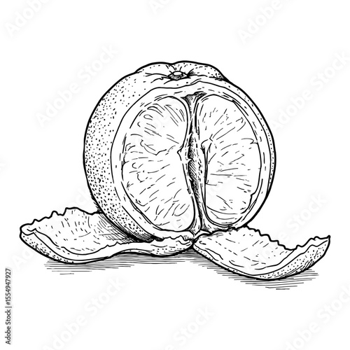 Fresh Peeled Orange Citrus Fruit Vintage Style Black and White Outline Line Art Drawing