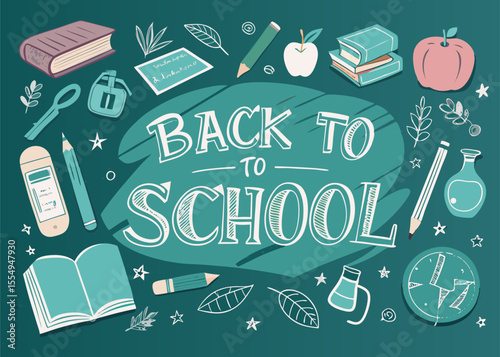 Back to School Illustration with Books Pencils and Science Beakers on Teal Background
