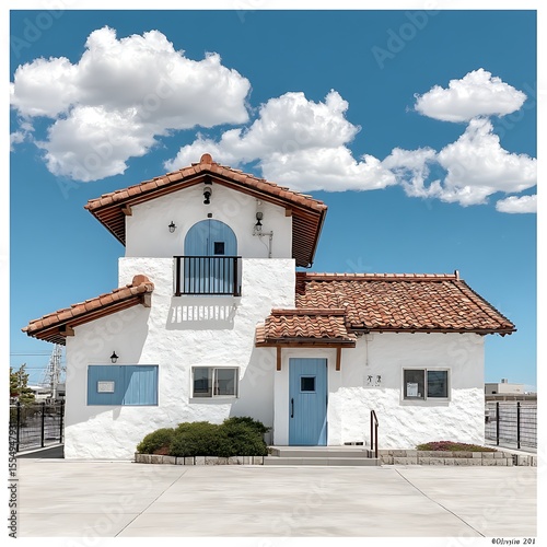 Charming White Stucco House with Red Tile Roof Under a Bright Blue Sky with Fluffy White Clouds