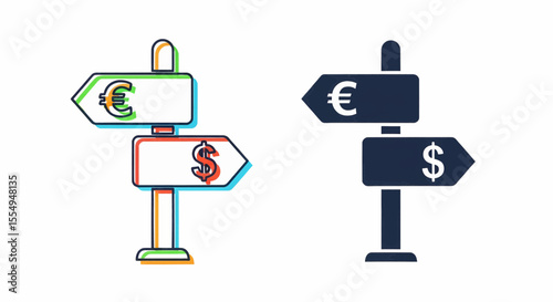 This high-quality vector graphic features vibrant, playful, 3D euro and dollar signpost icons (outline and solid), emphasizing currency exchange with colorful text and fine details.