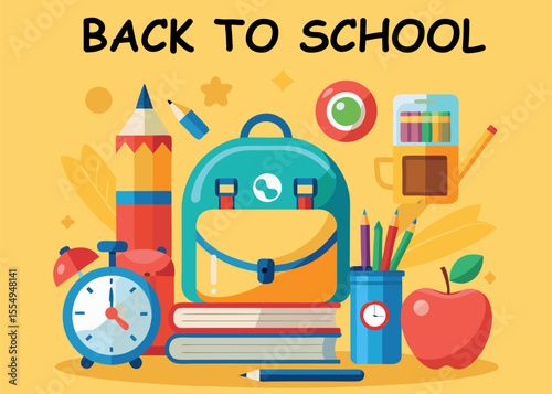 Colorful Back to School Illustration with Backpack Books and School Supplies on Yellow Background