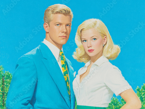 Vintage Couple Portrait with Bright Colors and Retro Style in Background