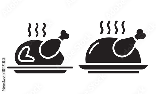Roasted Chicken Icon Set, Hot Steaming Poultry Graphics, vector illustration
