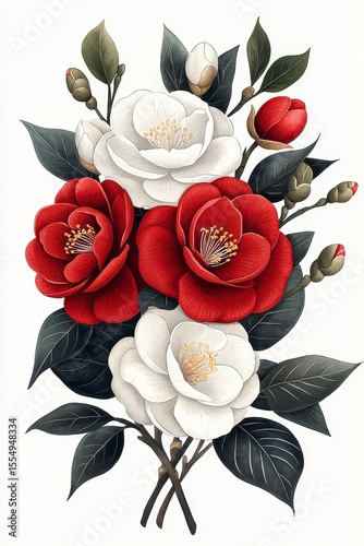 Vibrant Arrangement of Red and White Camellia Flowers with Green Leaves