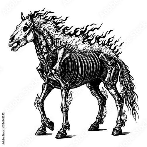 Detailed Flaming Horse Skeleton Monster Whole Body Side View Black and White Outline Line Art Drawing