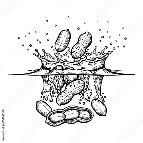 Falling Peanuts into Water with Dynamic Splash Black and White Outline Line Art Drawing Illustration