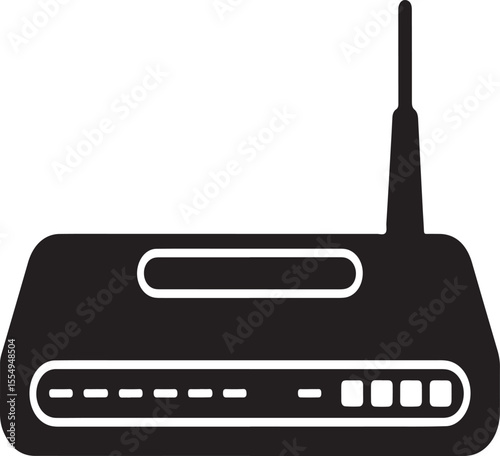 Black silhouette of a wireless internet router with an antenna and indicator lights
