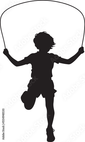 Silhouette of a Child Jumping Rope Full-length black vector illustration of a kid holding a rope, mid-jump with knees bent.