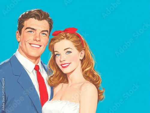 Retro Couple Smiling Against Bright Blue Background in Vintage Style Artwork