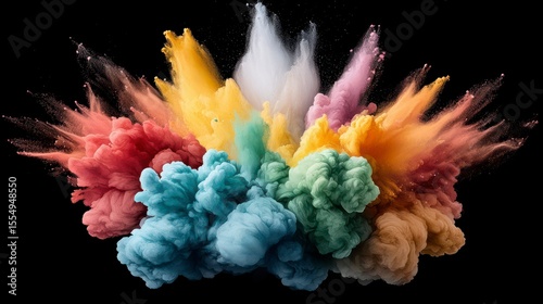 Vibrant Explosions of Colored Powders Creating a Dynamic Cloud Against a Black Background