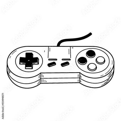 Retro Game Controller Black and White Outline Line Art Drawing of a Classic Gaming Pad Sketch Doodle