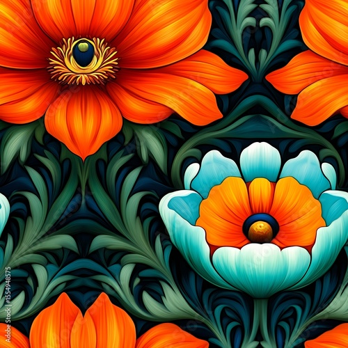 Vibrant Floral Pattern with Orange and Blue Flowers on a Dark Background