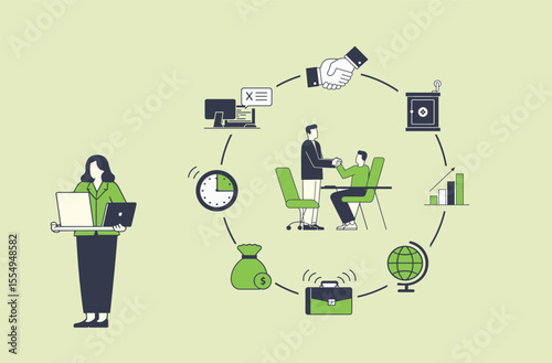 Modern business icons collection. Business to business concepts, case studies, new startups and SEO processes. Arrangement with green linear icons for successful office work and advertising.