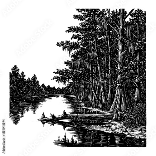 River Swamp Landscape with Cypress Trees and Spanish Moss along Water's Edge Black and White Outline Line Art Drawing
