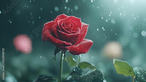 Dew-Kissed Red Rose: Romantic Floral Close-Up with Water Droplets and Dreamy Bokeh Light